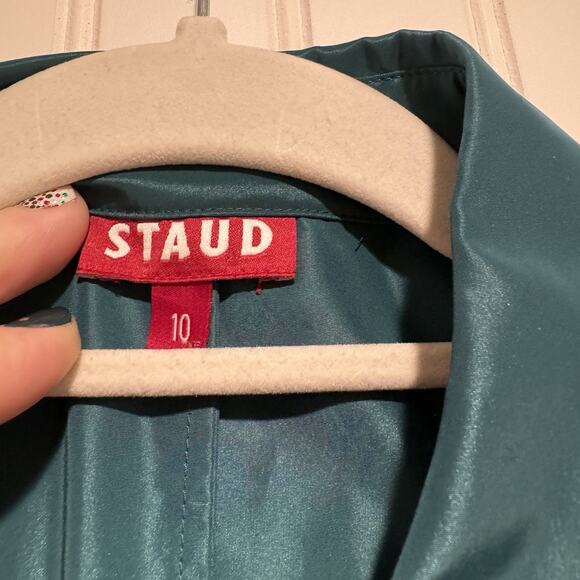 Staud Jolene Belted Taffeta Shirt Dress Coastal Green Size 10 - Picture 6 of 8